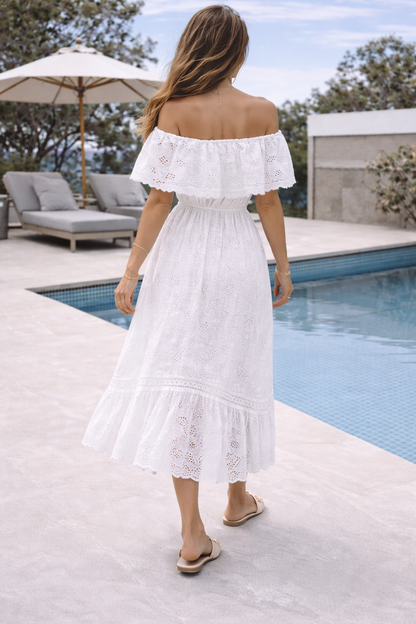 Dame Off-Shoulder Maxikjole Med Broderi Og Flæsekant