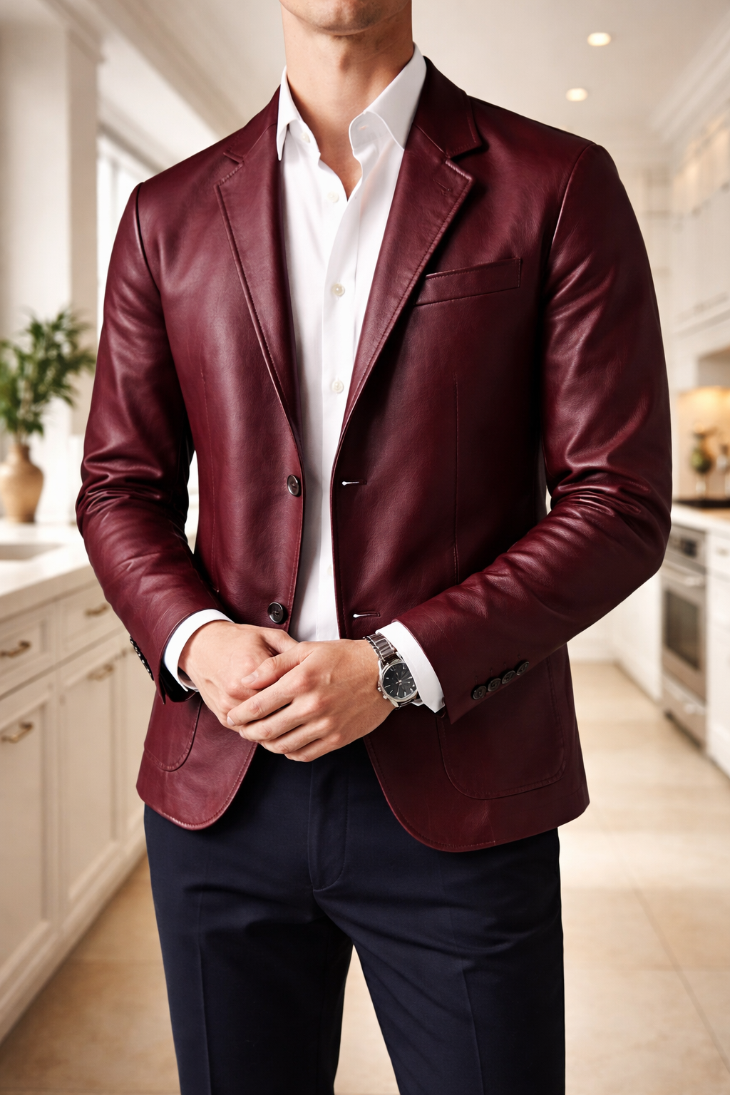 Herre Læderblazer Med Enkeltknaplukning – Elegant Jakke Til Kontor, Hverdagsbrug, Business Og Smart Casual Stil