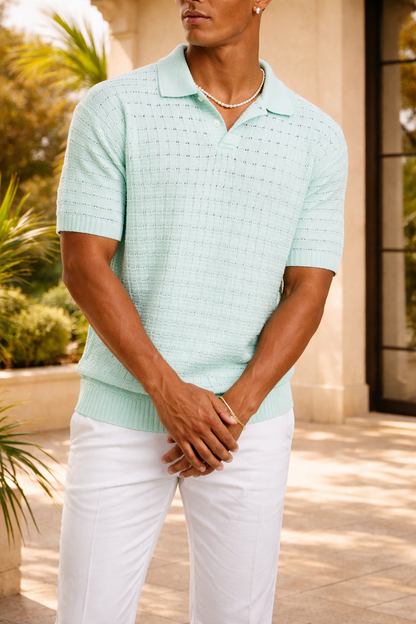Men's Textured Knit Polo Shirt with Open Collar and Relaxed Fit – Stylish Summer Shirt for Vacation, Leisure, Everyday Wear, and Smart-Casual Style