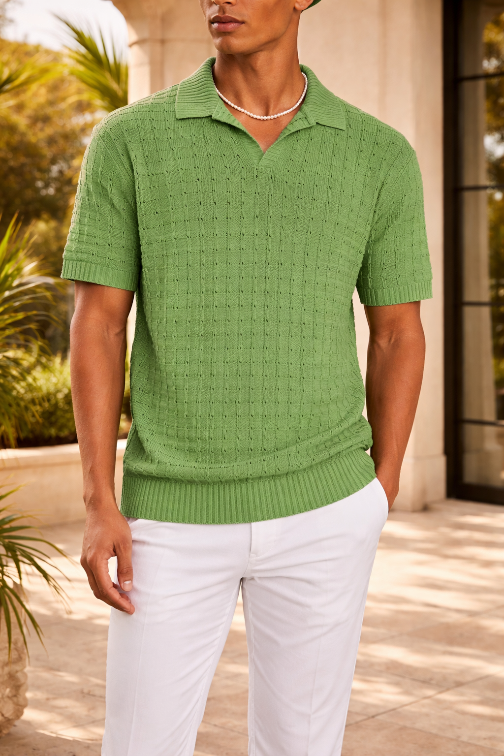 Men's Textured Knit Polo Shirt with Open Collar and Relaxed Fit – Stylish Summer Shirt for Vacation, Leisure, Everyday Wear, and Smart-Casual Style