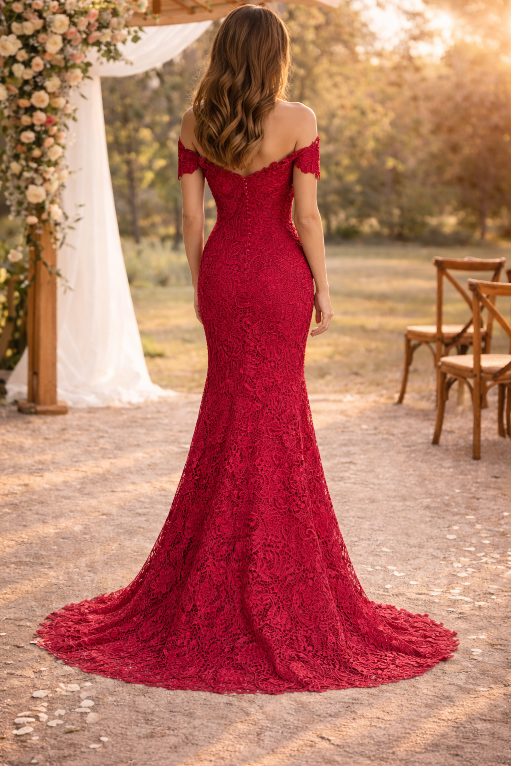 Dame Figursyet Maxikjole Med Blonde Og Off Shoulder-design – Elegant Brudekjole Til Bryllup, Vielse Og Særlige Anledninger