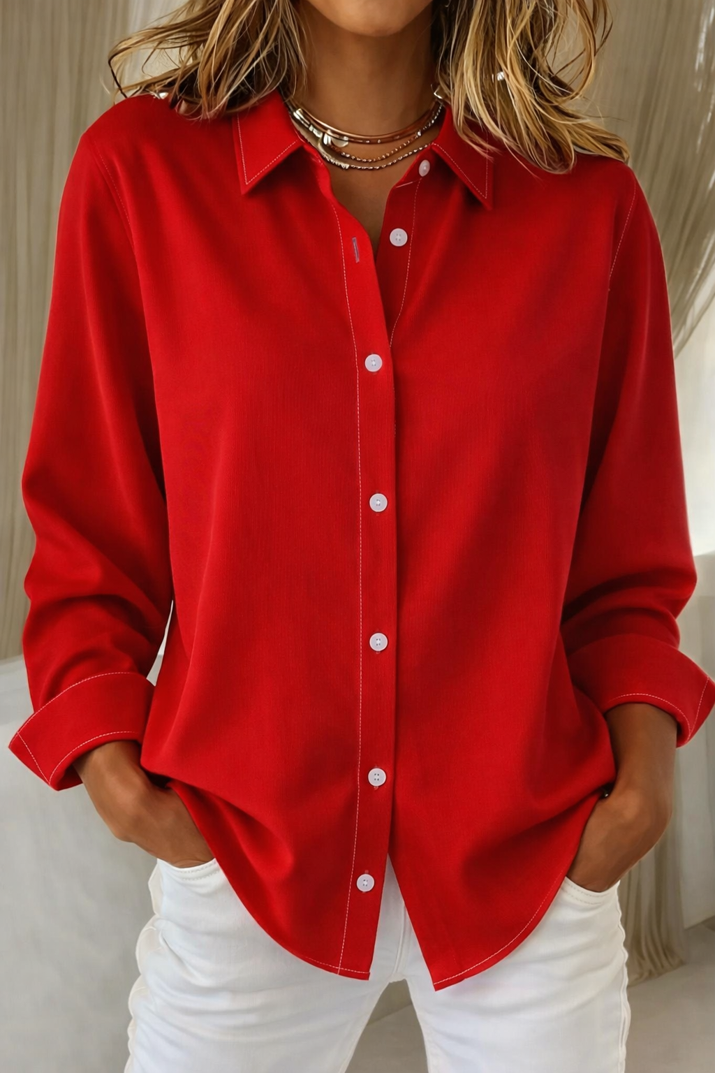 Women's Casual Button-Front Shirt – Collared Blouse for Office and Everyday Wear