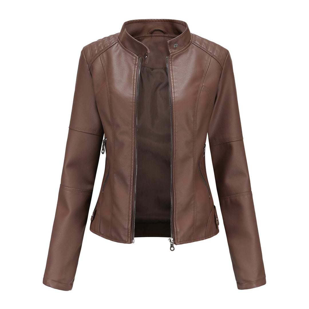 Geacă biker de damă din piele ecologică, cu design cambrat și închidere cu fermoar – Geacă elegantă pentru toamnă, oraș, timp liber și stil smart casual