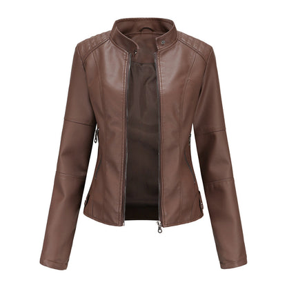 Geacă biker de damă din piele ecologică, cu design cambrat și închidere cu fermoar – Geacă elegantă pentru toamnă, oraș, timp liber și stil smart casual