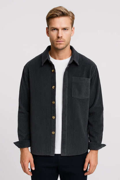 Men's Ribbed Overshirt with Chest Pocket and Button Closure – Classic Shirt Jacket for Everyday Wear, Leisure, and Smart-Casual Style