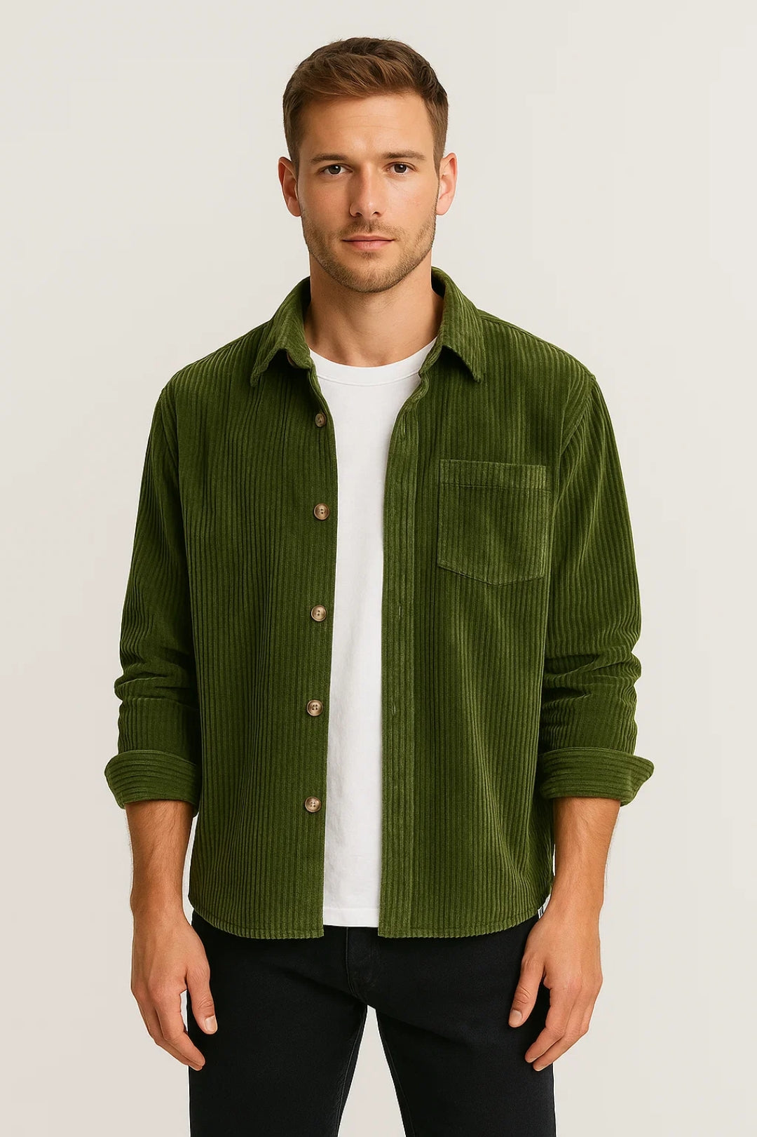 Men's Ribbed Overshirt with Chest Pocket and Button Closure – Classic Shirt Jacket for Everyday Wear, Leisure, and Smart-Casual Style