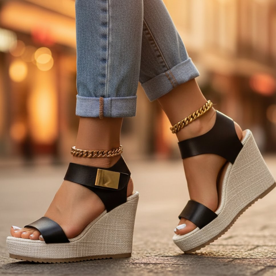 Damskie sandały na koturnie z platformą, regulowanymi paskami i wyściełaną wkładką – eleganckie letnie buty do biura, na wakacje, przyjęcia i wyjątkowe okazje