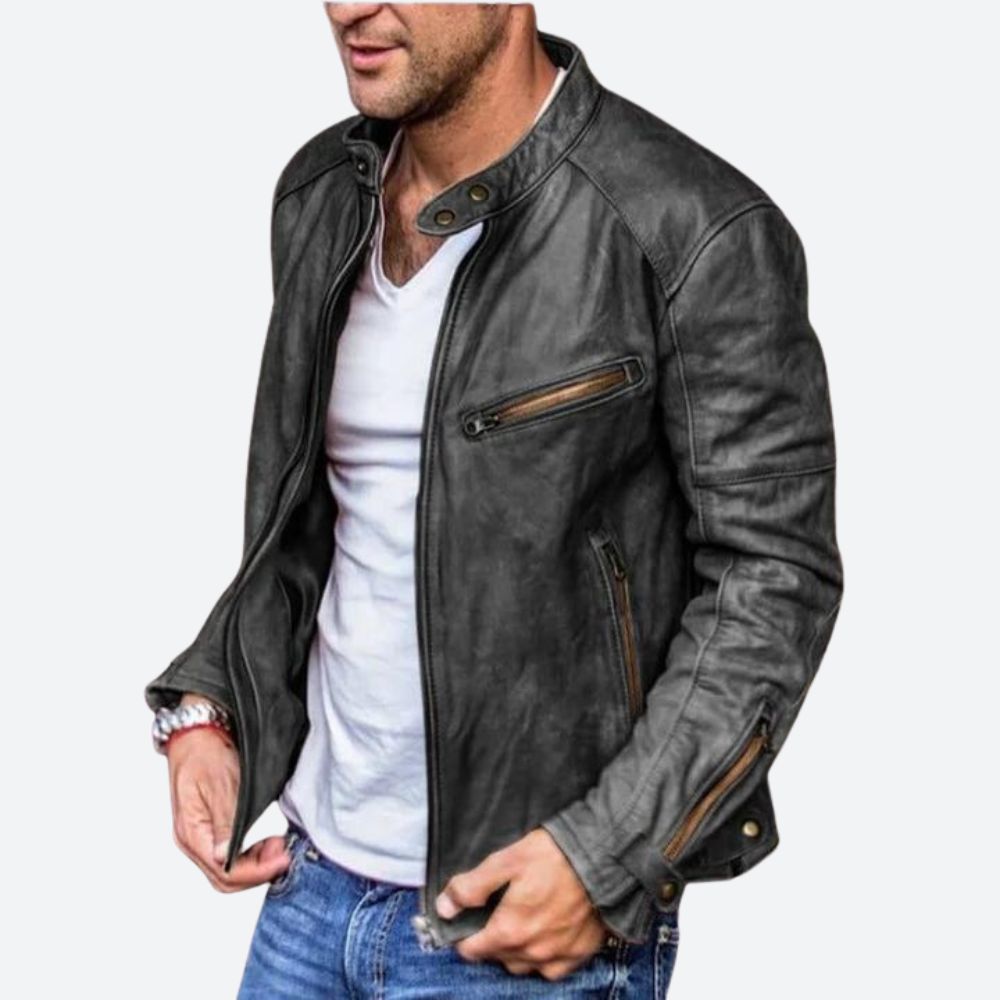 Men's Vintage Leather Racer Jacket with Zipper – Rugged Jacket for Everyday Wear, Leisure and Casual Style
