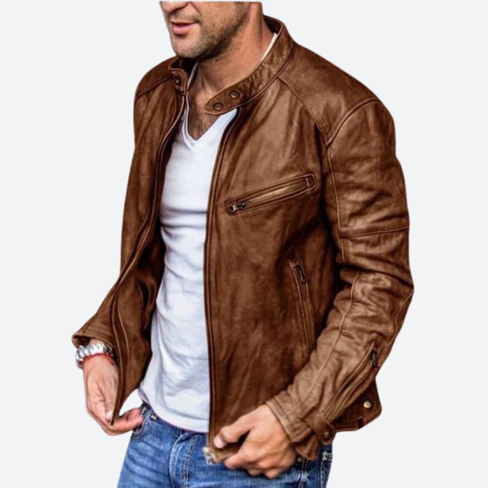 Men's Vintage Leather Racer Jacket with Zipper – Rugged Jacket for Everyday Wear, Leisure and Casual Style