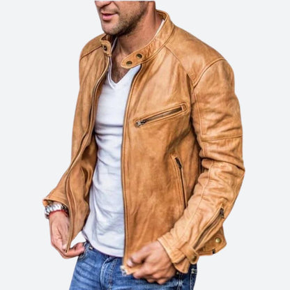 Men's Vintage Leather Racer Jacket with Zipper – Rugged Jacket for Everyday Wear, Leisure and Casual Style