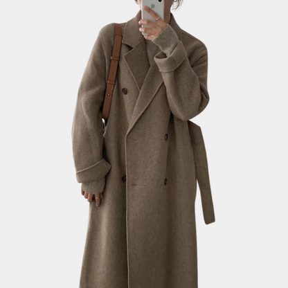Dámský dlouhý dvouřadý zimní kabát oversized střihu – elegantní maxi kabát na podzim, zimu a stylové každodenní nošení