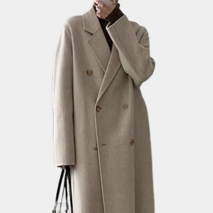 Dámský dlouhý dvouřadý zimní kabát oversized střihu – elegantní maxi kabát na podzim, zimu a stylové každodenní nošení