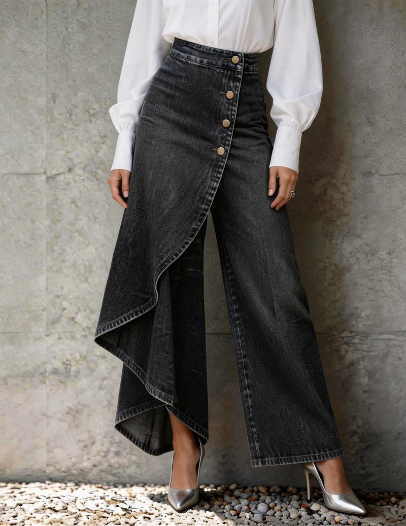 Dame Asymmetriske Denim Bukser Med Slå-om-design Og Brede Ben – Moderne Bukser Til Hverdagsbrug, Fritid, Ferie Og Smart Casual Stil