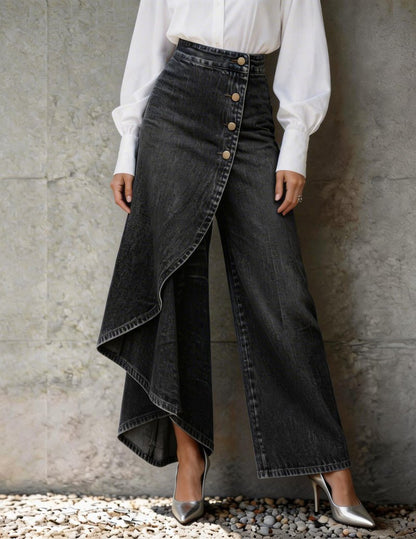 Dame Asymmetriske Denim Bukser Med Slå-om-design Og Brede Ben – Moderne Bukser Til Hverdagsbrug, Fritid, Ferie Og Smart Casual Stil