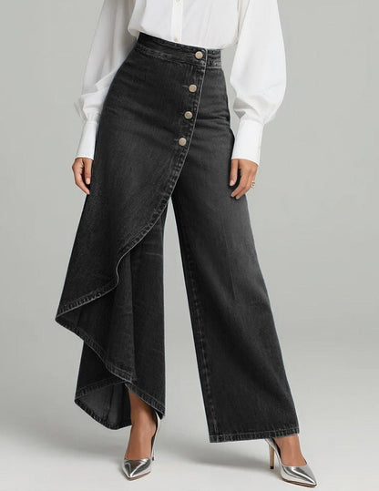 Dame Asymmetriske Denim Bukser Med Slå-om-design Og Brede Ben – Moderne Bukser Til Hverdagsbrug, Fritid, Ferie Og Smart Casual Stil