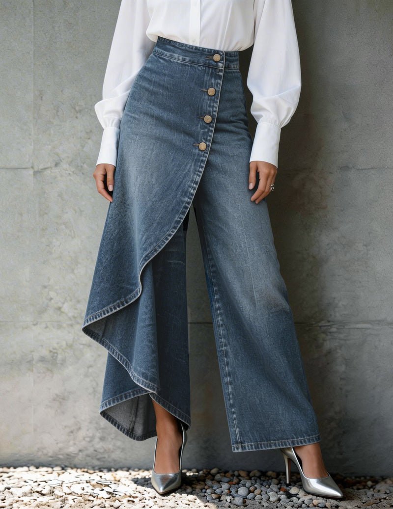 Dame Asymmetriske Denim Bukser Med Slå-om-design Og Brede Ben – Moderne Bukser Til Hverdagsbrug, Fritid, Ferie Og Smart Casual Stil