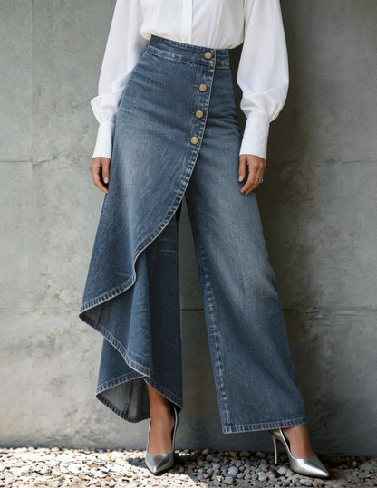 Dame Asymmetriske Denim Bukser Med Slå-om-design Og Brede Ben – Moderne Bukser Til Hverdagsbrug, Fritid, Ferie Og Smart Casual Stil