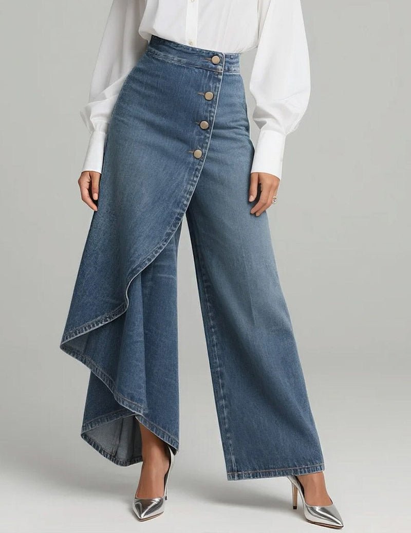 Dame Asymmetriske Denim Bukser Med Slå-om-design Og Brede Ben – Moderne Bukser Til Hverdagsbrug, Fritid, Ferie Og Smart Casual Stil