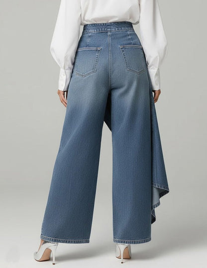 Dame Asymmetriske Denim Bukser Med Slå-om-design Og Brede Ben – Moderne Bukser Til Hverdagsbrug, Fritid, Ferie Og Smart Casual Stil