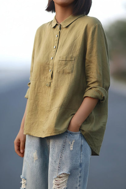 Women's relaxed blouse with long sleeves, collar, and chest pocket - classic button-up shirt for comfortable everyday wear