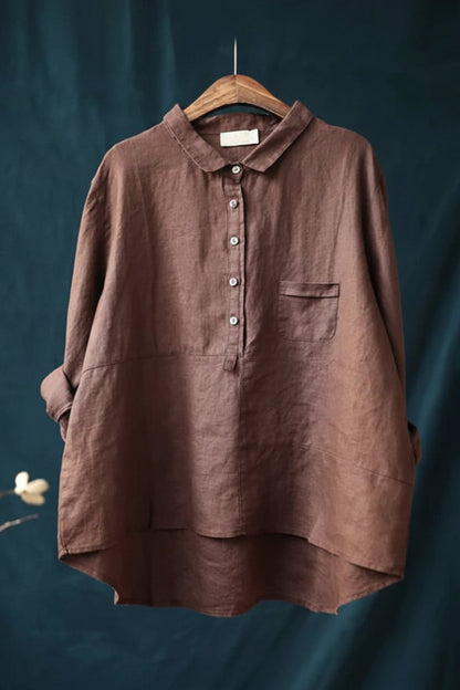 Women's relaxed blouse with long sleeves, collar, and chest pocket - classic button-up shirt for comfortable everyday wear