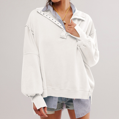 Dámský oversized svetr s Henley výstřihem a uvolněným střihem – ležérní top na každodenní nošení, volný čas a smart casual styl