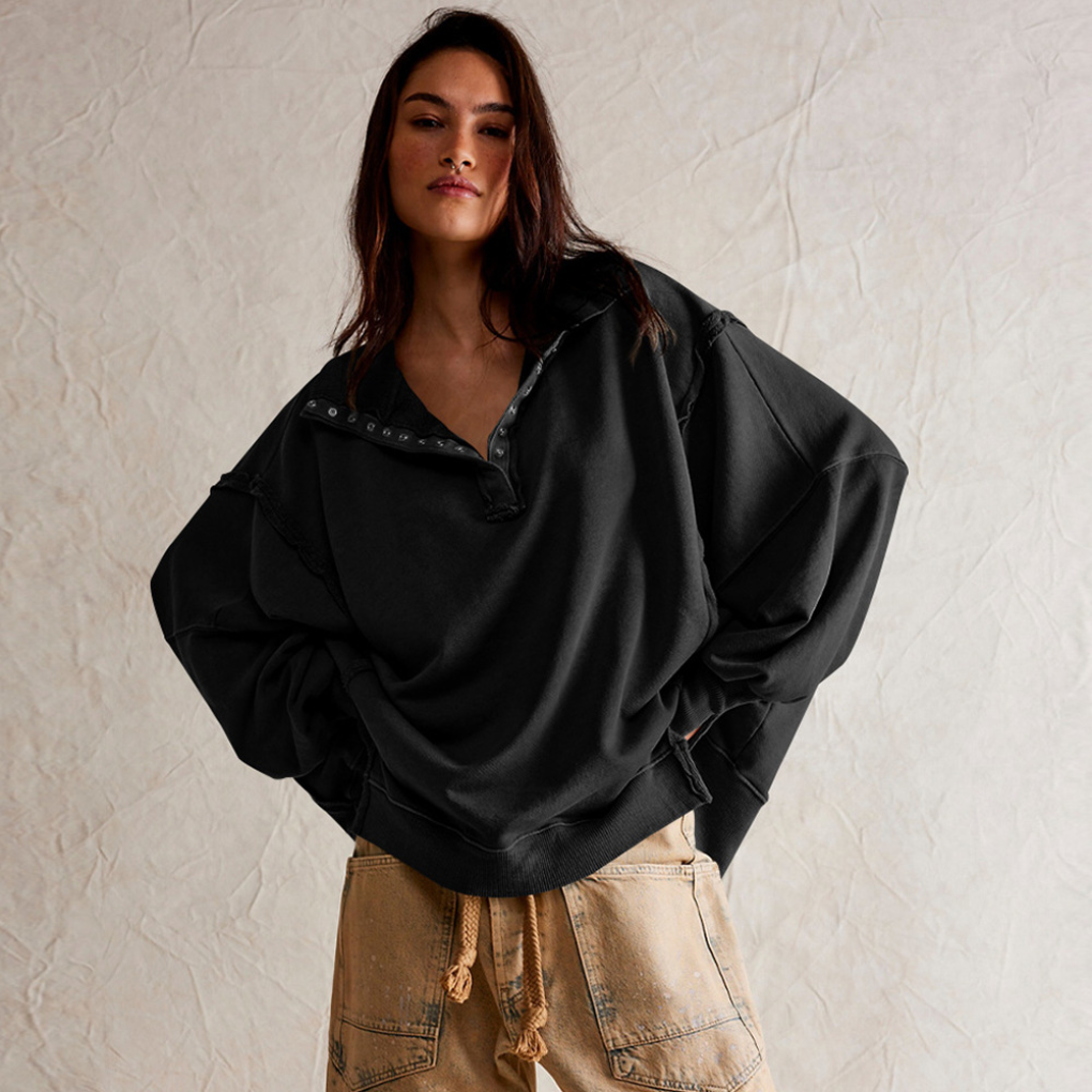 Dámský oversized svetr s Henley výstřihem a uvolněným střihem – ležérní top na každodenní nošení, volný čas a smart casual styl