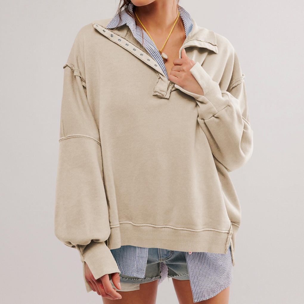 Dámský oversized svetr s Henley výstřihem a uvolněným střihem – ležérní top na každodenní nošení, volný čas a smart casual styl