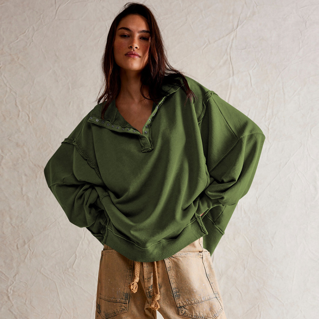 Dámský oversized svetr s Henley výstřihem a uvolněným střihem – ležérní top na každodenní nošení, volný čas a smart casual styl