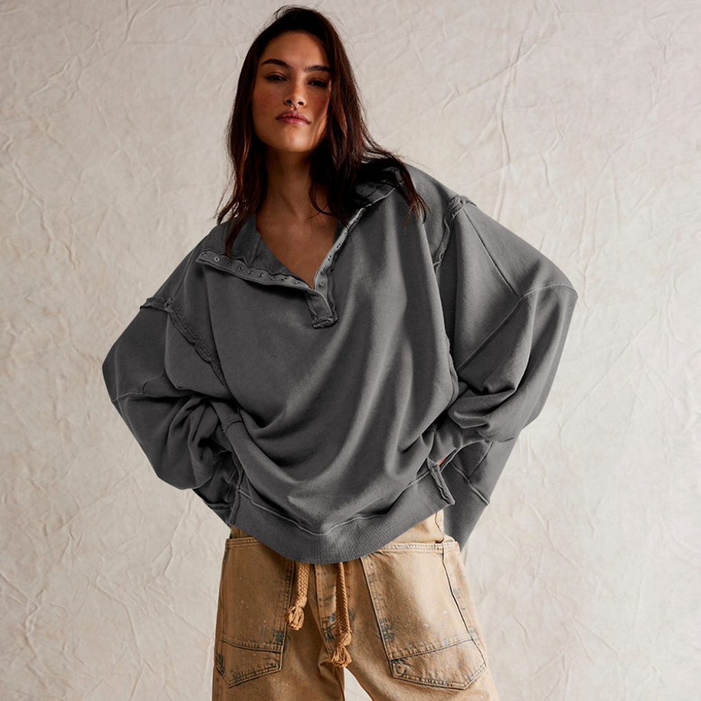 Dámský oversized svetr s Henley výstřihem a uvolněným střihem – ležérní top na každodenní nošení, volný čas a smart casual styl