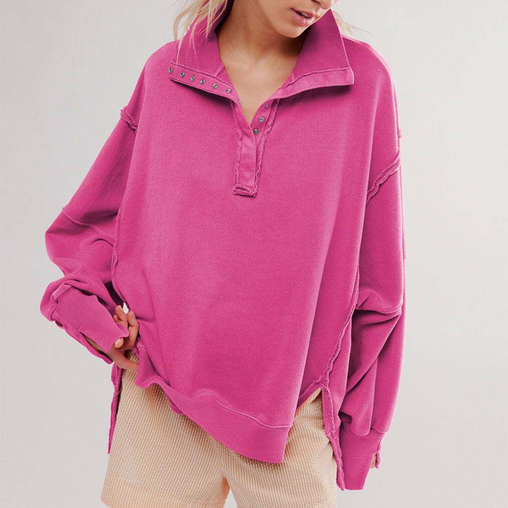 Dámský oversized svetr s Henley výstřihem a uvolněným střihem – ležérní top na každodenní nošení, volný čas a smart casual styl