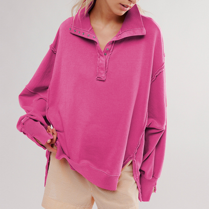 Dámský oversized svetr s Henley výstřihem a uvolněným střihem – ležérní top na každodenní nošení, volný čas a smart casual styl