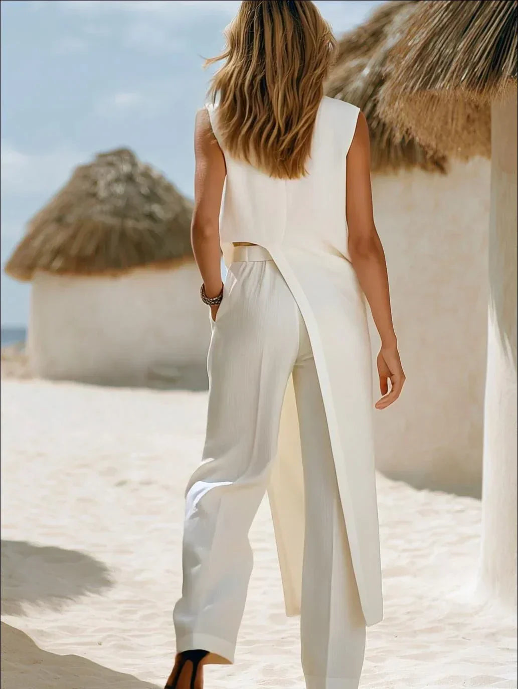 Women's Linen Set with Wide-Leg Pants and Sleeveless Wrap Top – Summer Outfit for Vacations, Everyday Wear, and Casual Occasions