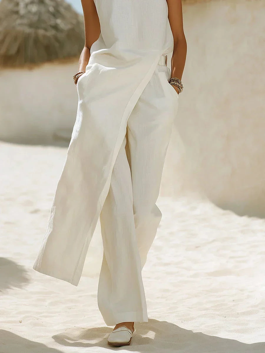 Women's Linen Set with Wide-Leg Pants and Sleeveless Wrap Top – Summer Outfit for Vacations, Everyday Wear, and Casual Occasions