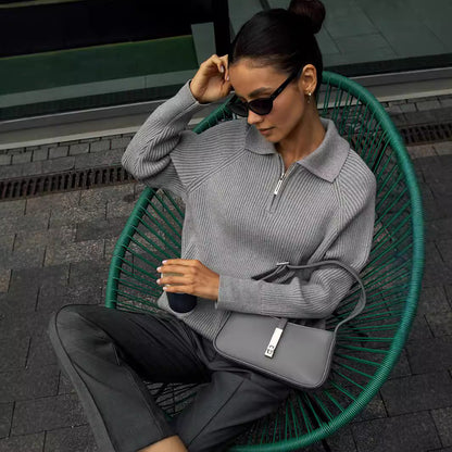 Dame Ribbet Quarter-Zip Striktrøje Med Krave – Blødt Afslappet Lag Til Efterår Og Vinter