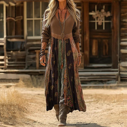 Women's Patterned Bohemian Maxi Dress with V-Neck – Elegant Long Dress for Summer, Vacation, Beach, and Casual Occasions