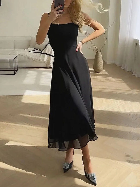 Women's Strappy Midi Dress with Flowing A-Line Skirt