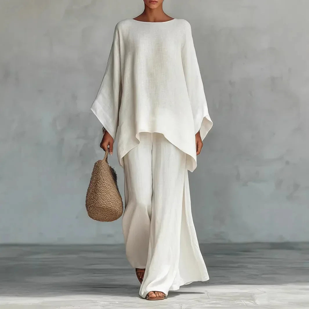 Dámská dvoudílná souprava s topem s netopýřími rukávy a asymetrickými palazzo kalhotami – elegantní outfit na večírky, dovolenou, každodenní nošení a v elegantně ležérním stylu