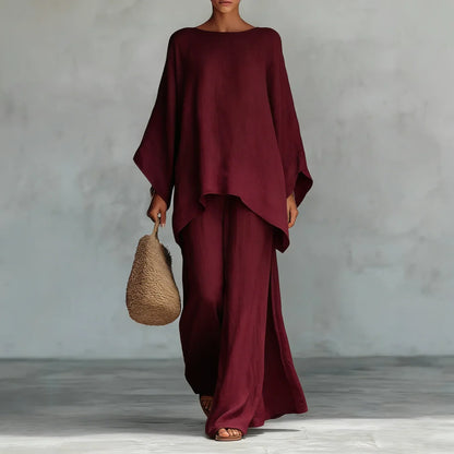 Dámská dvoudílná souprava s topem s netopýřími rukávy a asymetrickými palazzo kalhotami – elegantní outfit na večírky, dovolenou, každodenní nošení a v elegantně ležérním stylu