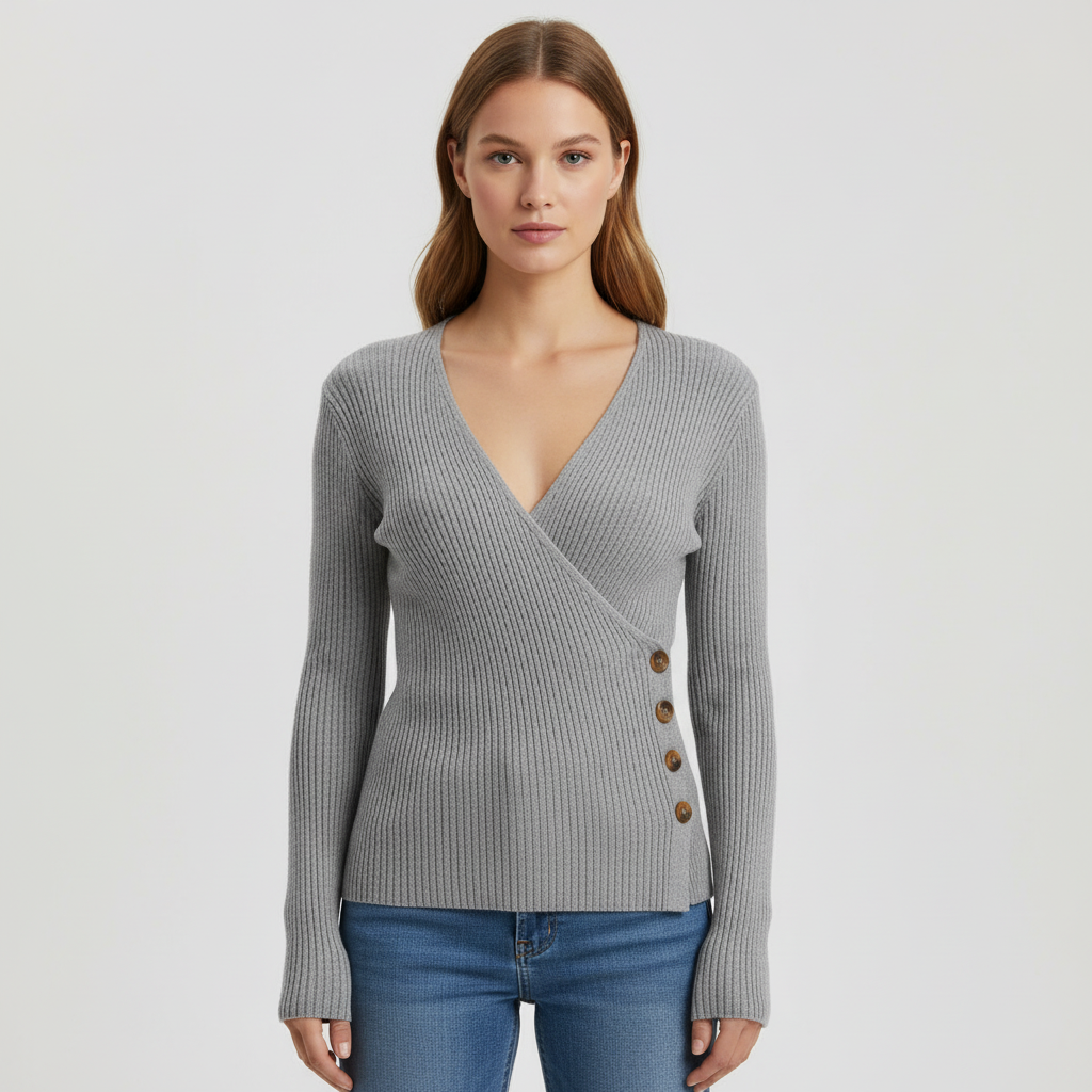 Dame Ribbet Sweater Med Slå-om Front Og Rynket Knapdetalje