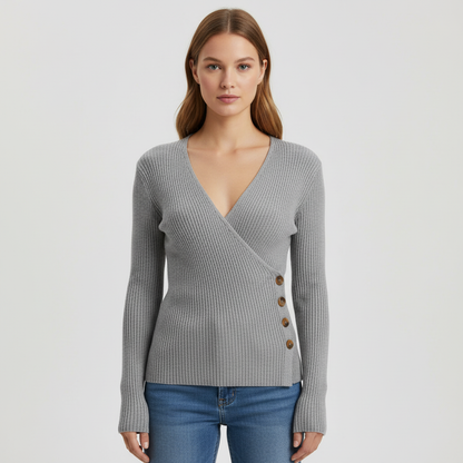 Dame Ribbet Sweater Med Slå-om Front Og Rynket Knapdetalje