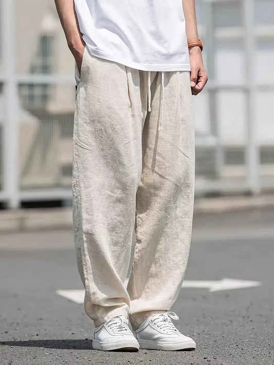 Herre Hørbukser Med Brede Ben Og Snøretalje – Afslappede Bukser Til Sommer, Ferie, Fritid Og Smart Casual Stil