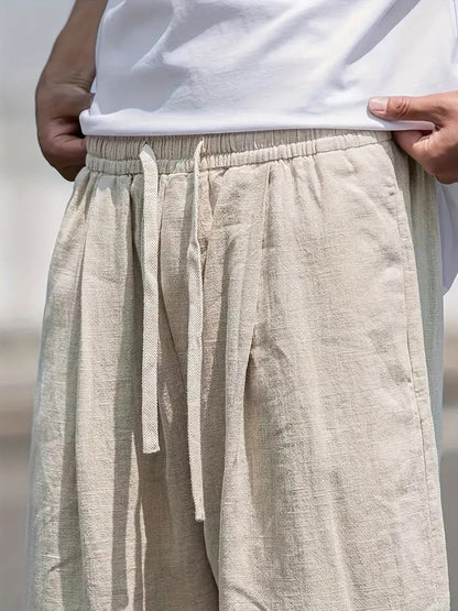 Pantaloni bărbătești din in, cu croială largă și talie cu șnur – pantaloni relaxați pentru vară, vacanță, timpul liber și stil smart-casual
