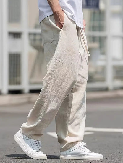 Pantaloni bărbătești din in, cu croială largă și talie cu șnur – pantaloni relaxați pentru vară, vacanță, timpul liber și stil smart-casual