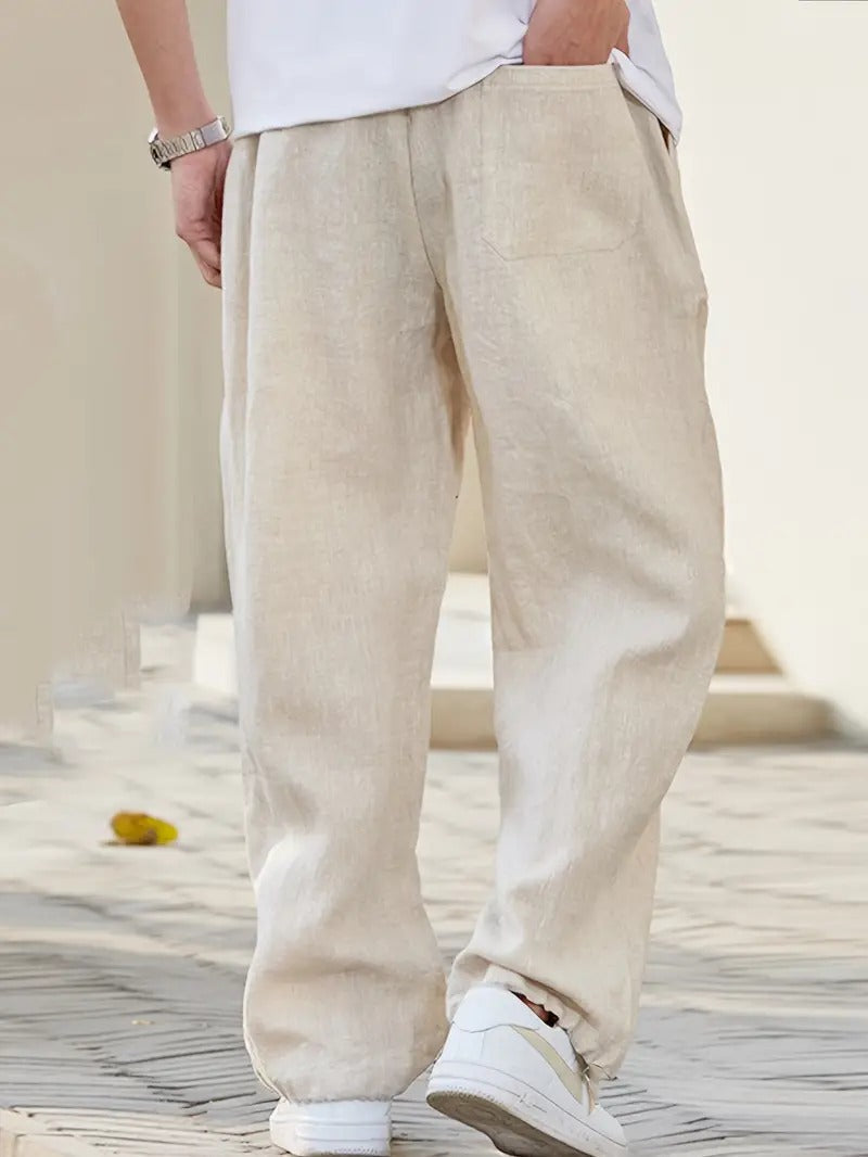 Pantaloni bărbătești din in, cu croială largă și talie cu șnur – pantaloni relaxați pentru vară, vacanță, timpul liber și stil smart-casual