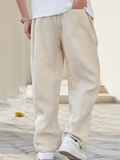 Pantaloni bărbătești din in, cu croială largă și talie cu șnur – pantaloni relaxați pentru vară, vacanță, timpul liber și stil smart-casual