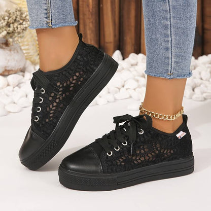 Women's Sneakers with Open Lace Structure and Low Platform Sole – Modern Everyday Shoes for Walking, Leisure, Travel and Everyday Wear
