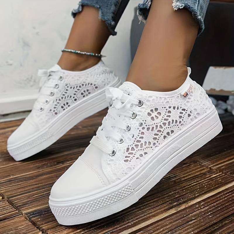 Women's Sneakers with Open Lace Structure and Low Platform Sole – Modern Everyday Shoes for Walking, Leisure, Travel and Everyday Wear