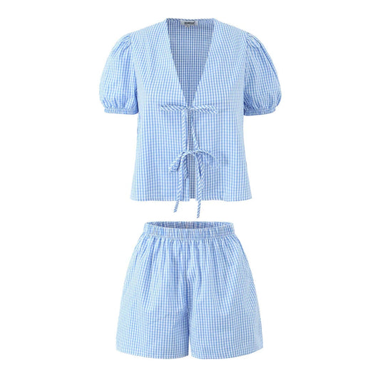 Set damă două piese imprimat, cu legătură în față și pantaloni scurți