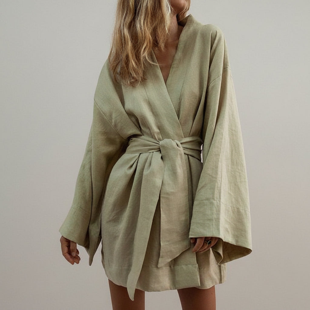 Women's Kimono Dress with Wide Sleeves and Belt – Elegant Short Dress for Summer, Parties, Vacations, and Special Occasions